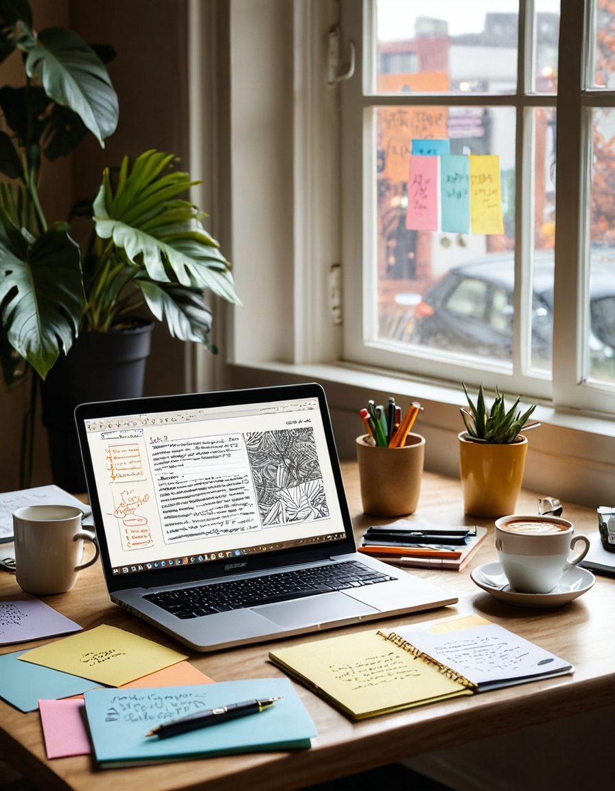 A vibrant workspace featuring a laptop with an open article, surrounded by notepads, coffee, and inspiring quotes on sticky notes. Light spills in through a window, illuminating the scene to reflect creativity and productivity. Include elements like a digital pen and sketches to emphasize the writing process. super-realistic. warm colors. natural lighting.
