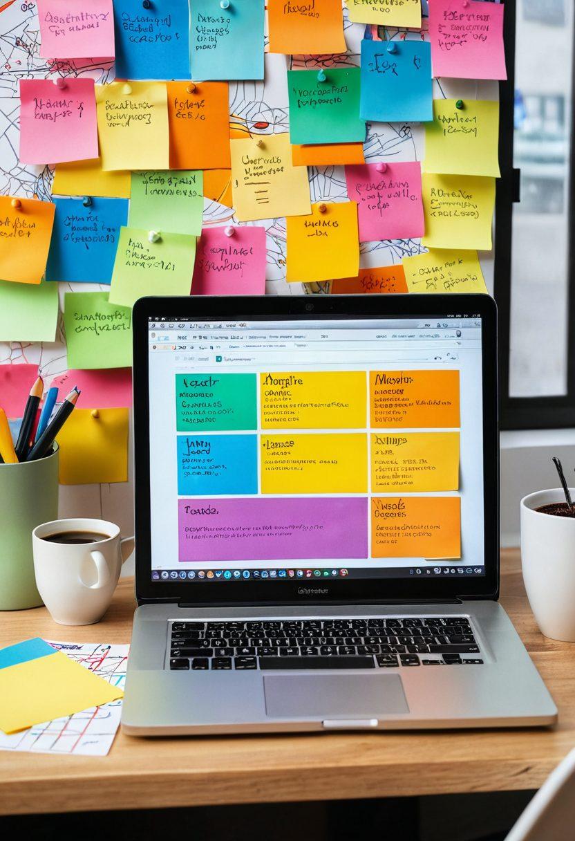 An imaginative workspace featuring a laptop with an open blogging platform, surrounded by colorful sticky notes and a steaming coffee cup, symbolizing creativity and productivity. In the background, a large map with various article submission strategies illustrated, including icons of graphs, arrows, and checkmarks. Bright, inviting colors that inspire action and organization. super-realistic. vibrant colors.